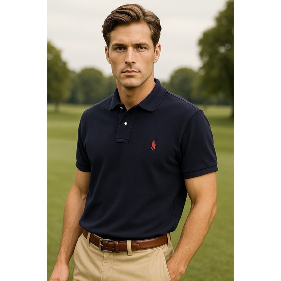 Polo Ralph Lauren Mens Polo Shirt Navy Blue Red Pony Logo Large 100% Cotton - Picture 1 of 10